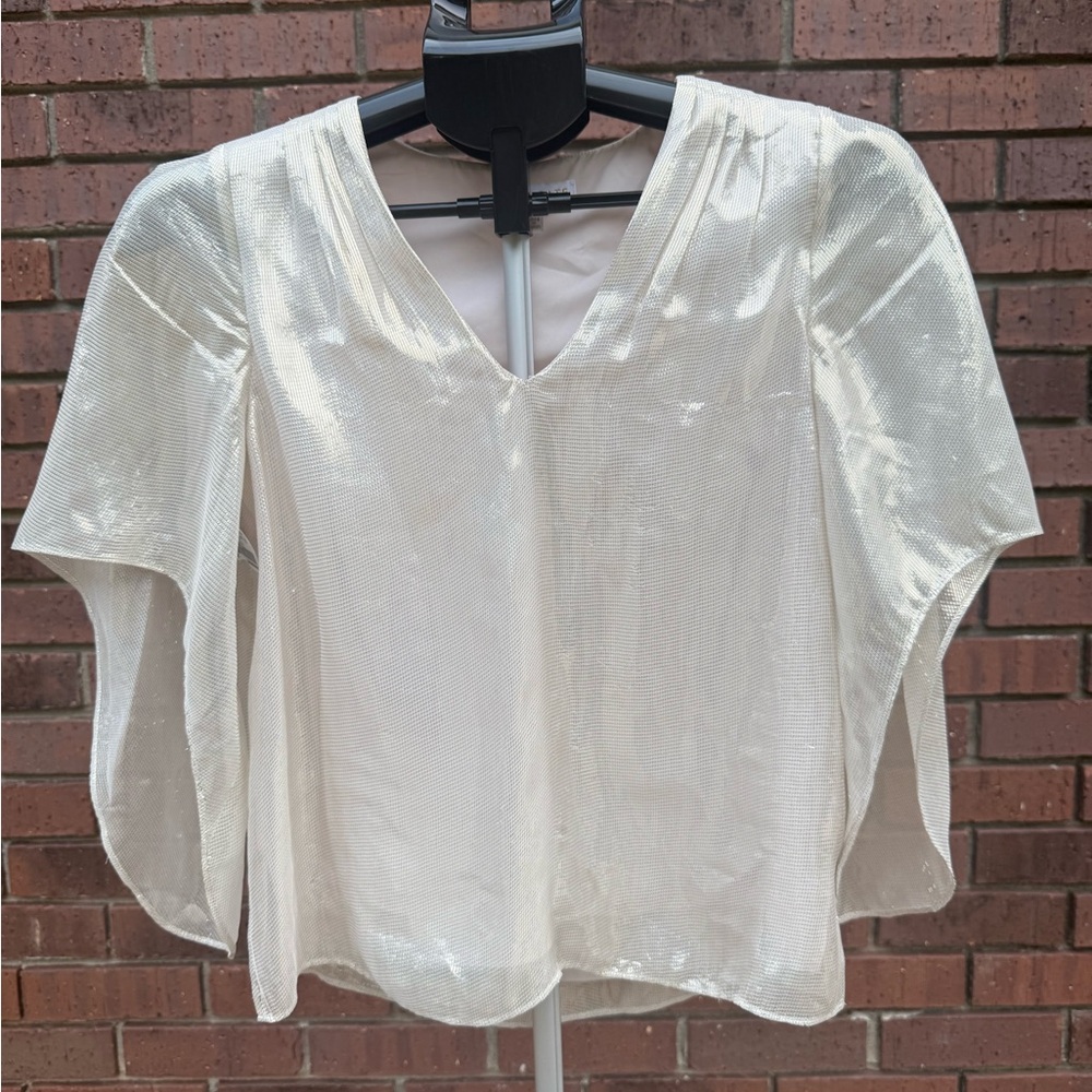 Anna Cate Blouse Shirt Metallic Gold Shine Silk V-Neck Women Size XXS GUC